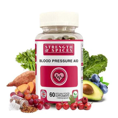 Blood pressure aid supplement by Strength & Spices featuring 90 capsules, with natural herbs and spices for cardiovascular support.