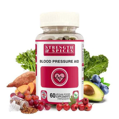 Blood pressure aid supplement by Strength & Spices featuring 90 capsules, with natural herbs and spices for cardiovascular support.