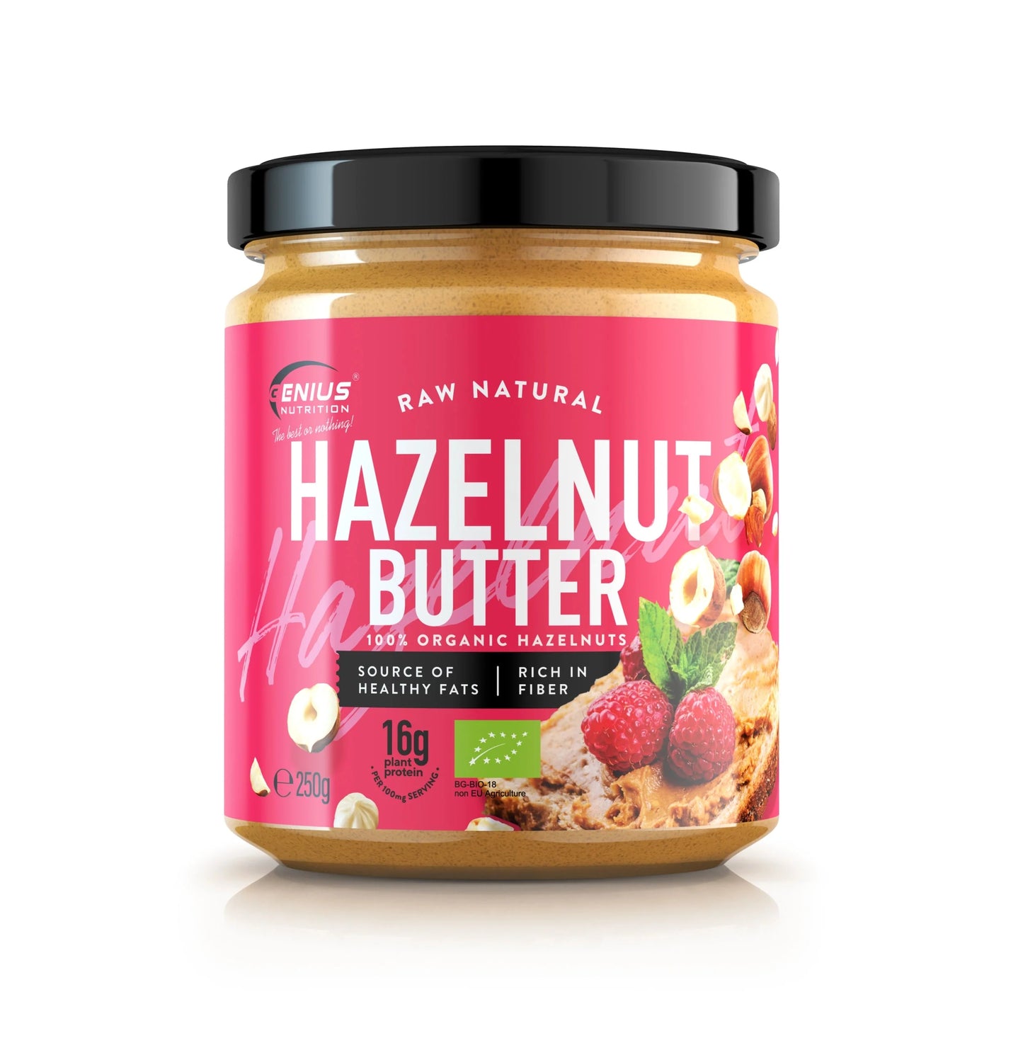 Creamy BIO hazelnut butter spread by Genius Nutrition in a 250g jar, showcasing smooth, rich hazelnut spread texture