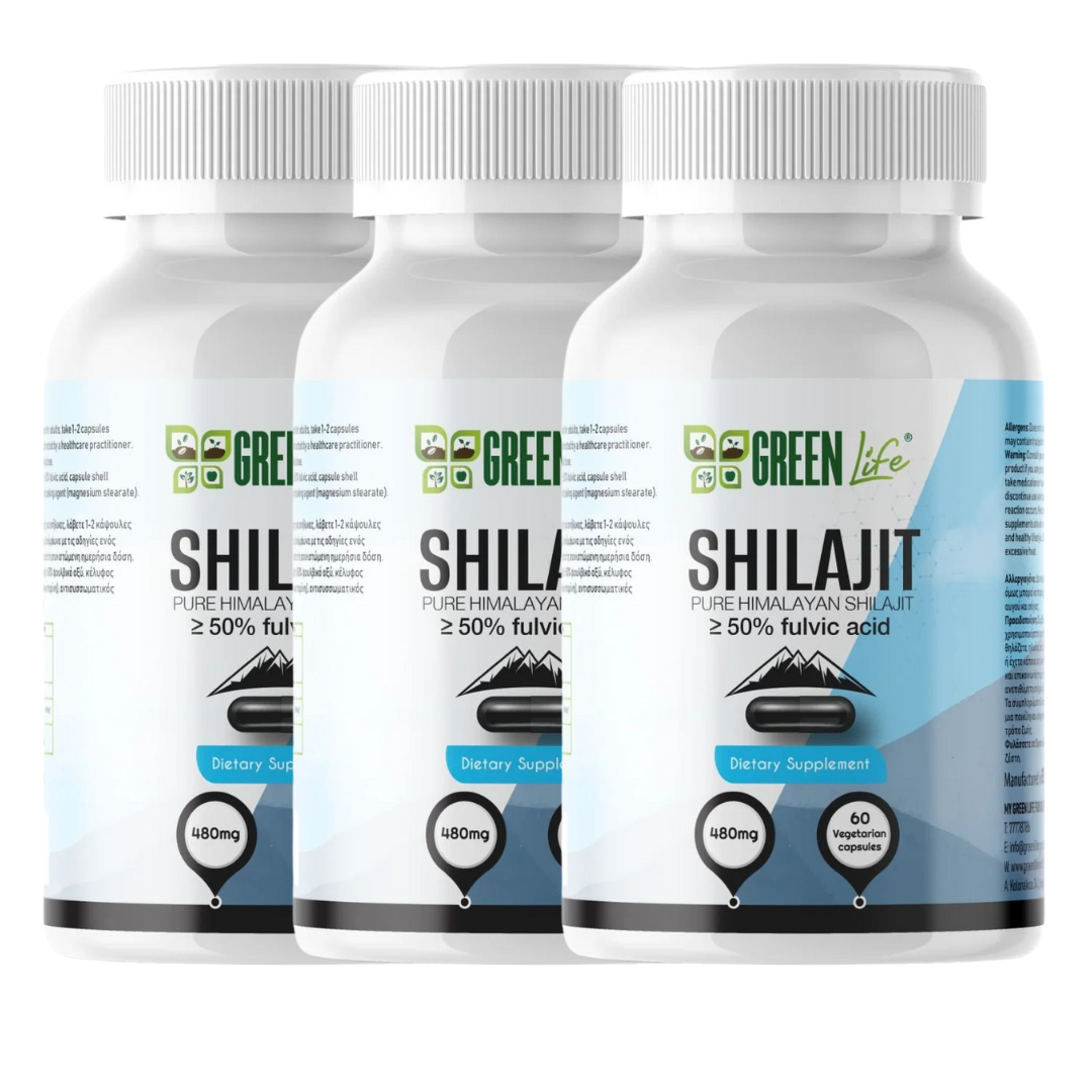 Green Life Cyprus Shilajit supplement in 90 vegan capsules, showing green bottle with label and capsules inside.