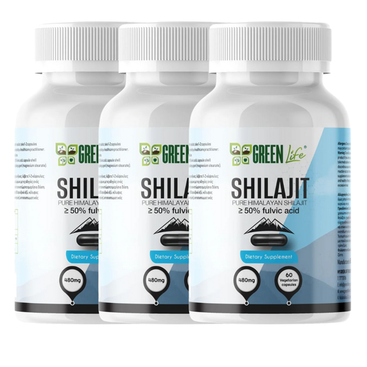 Green Life Cyprus Shilajit supplement in 90 vegan capsules, showing green bottle with label and capsules inside.