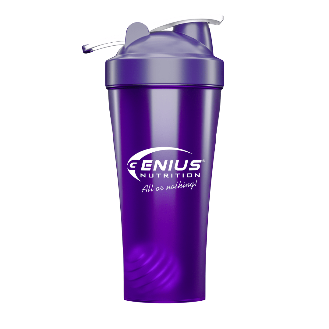Genius Nutrition 600ml shaker bottle accessory with a secure lid and mixing cup for protein shakes and supplements.