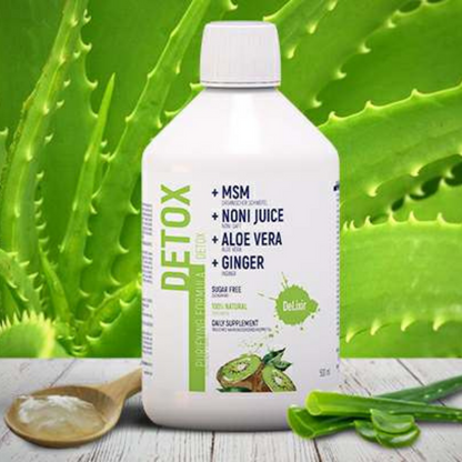 DETA ELIS DeLixir Detox supplement bottle with label, featuring a clean, modern design and natural ingredients on a white background.