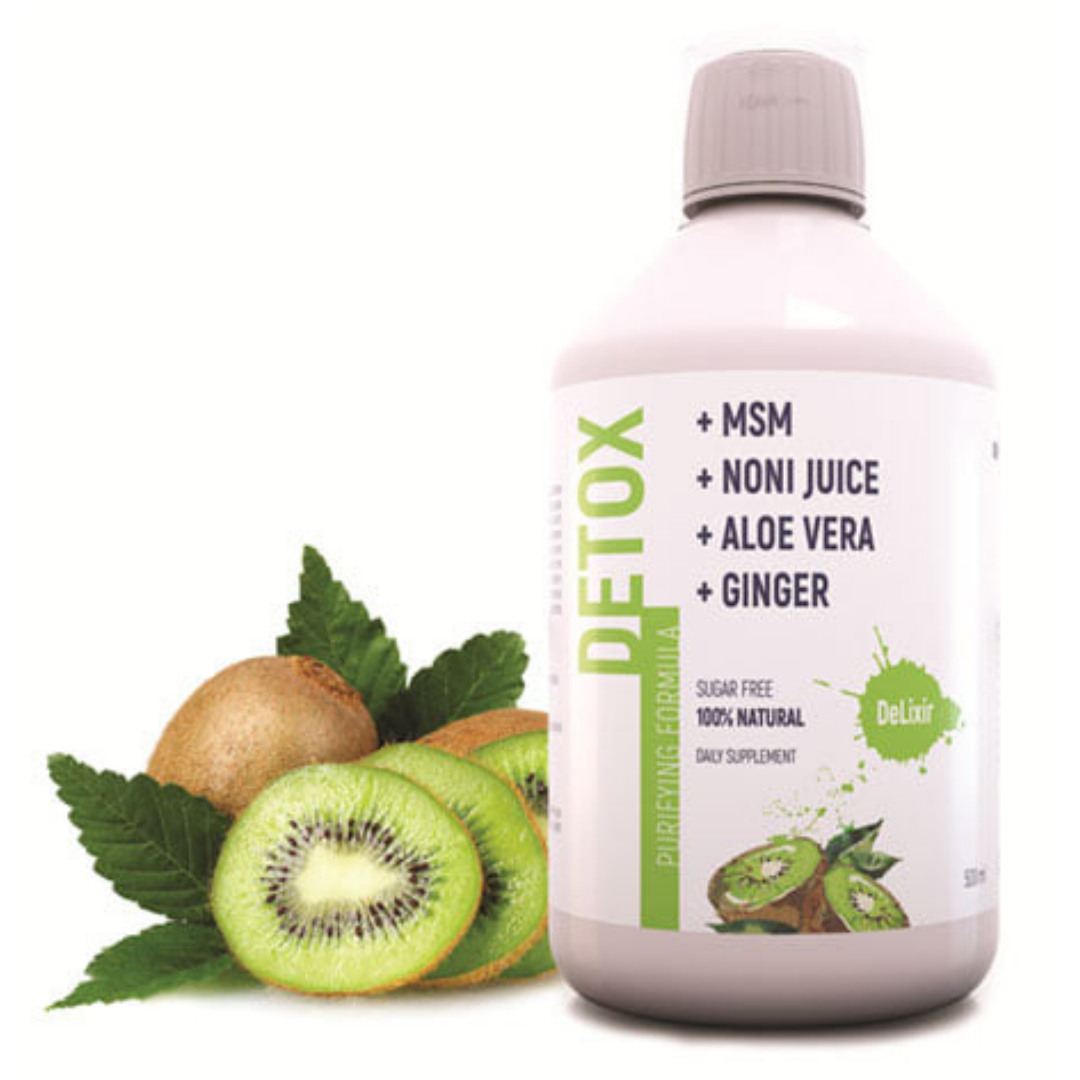 DETA ELIS DeLixir Detox supplement bottle with label showing natural ingredients and product branding on a white background.