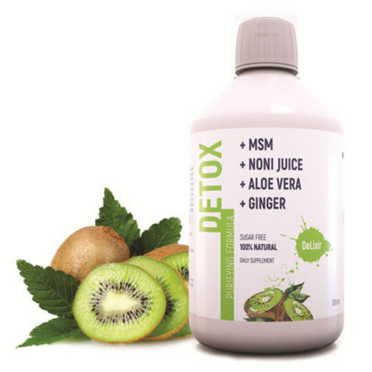 DETA ELIS DeLixir Detox supplement bottle with label showing natural ingredients and product branding on a white background.