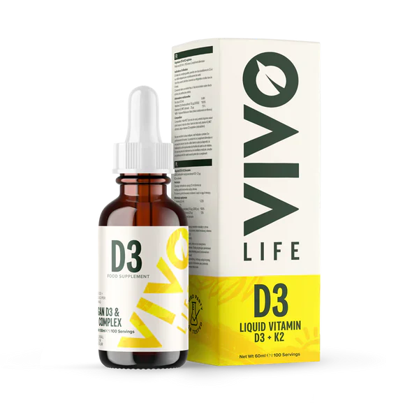 Vivo Life Vitamin D3 with K2 plant-based supplement bottle on a neutral background showing the product label.