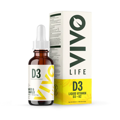 Vivo Life Vitamin D3 with K2 plant-based supplement bottle on a neutral background showing the product label.