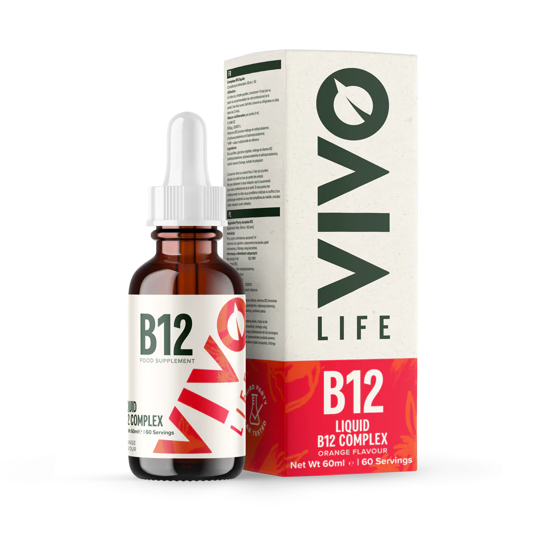 Vivo Life B12 high potency vegan vitamin supplement bottle with a green label and white cap on a wooden surface.