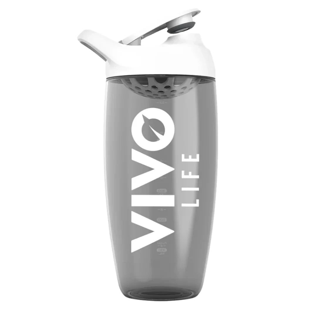 White 550ml Vivo Life shaker bottle, a sleek drink accessory with a secure lid and mixing ball for smoothies and shakes.