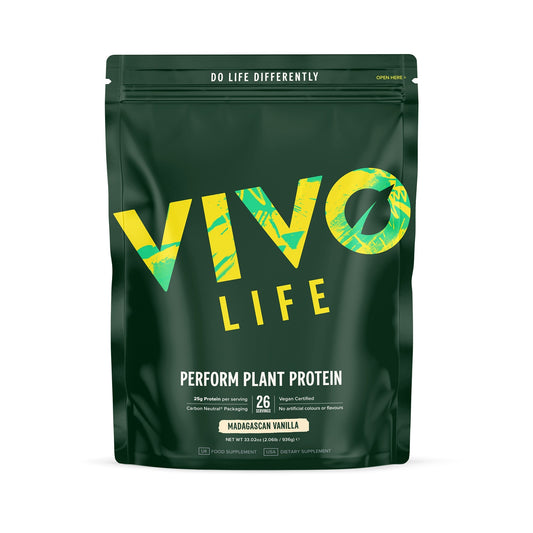 Vivo Life Large PERFORM Raw Plant Protein & BCAA protein powder container with Madagascan vanilla flavor, front view.