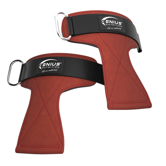 Red weightlifting grip GG-1 from Genius Nutrition with textured surface for secure handhold during lifting exercises.