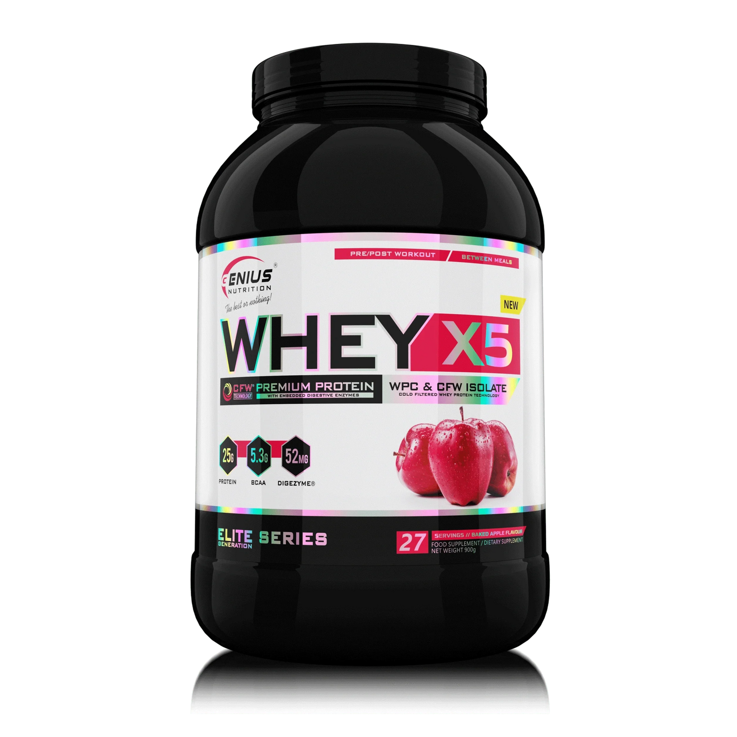 Genius Nutrition WHEY-X5 protein powder in baked apple flavor, 900g jar with label display, suitable for muscle recovery and nutrition.