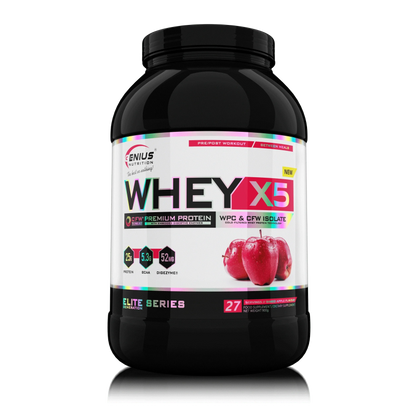 Genius Nutrition WHEY-X5 protein powder in baked apple flavor, 900g jar with label display, suitable for muscle recovery and nutrition.
