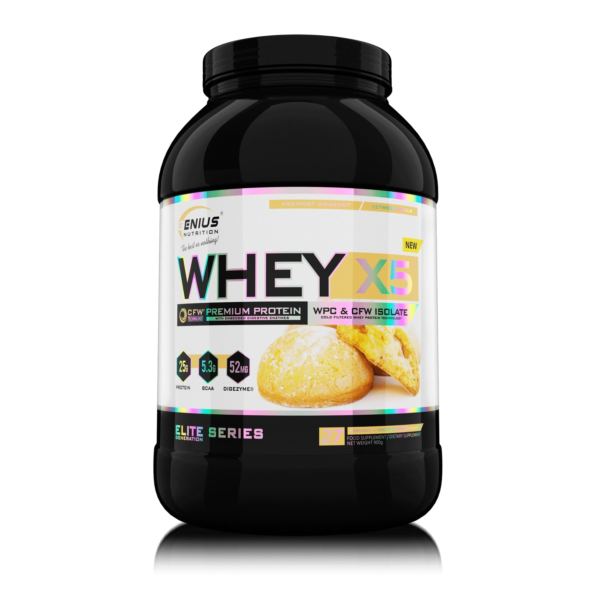 Genius Nutrition WHEY-X5 protein powder in Biscotti Cookies flavor, 900g tub with 27 servings, powdered supplement in a jar.