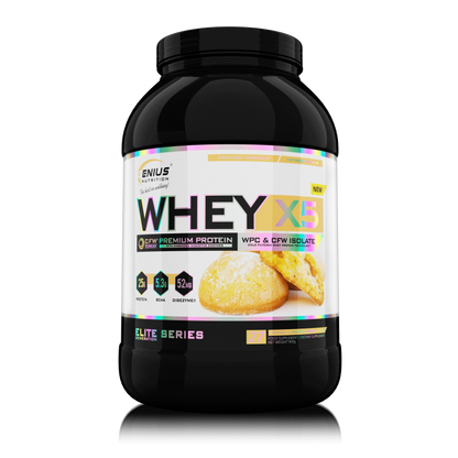 Genius Nutrition WHEY-X5 protein powder in Biscotti Cookies flavor, 900g tub with 27 servings, powdered supplement in a jar.