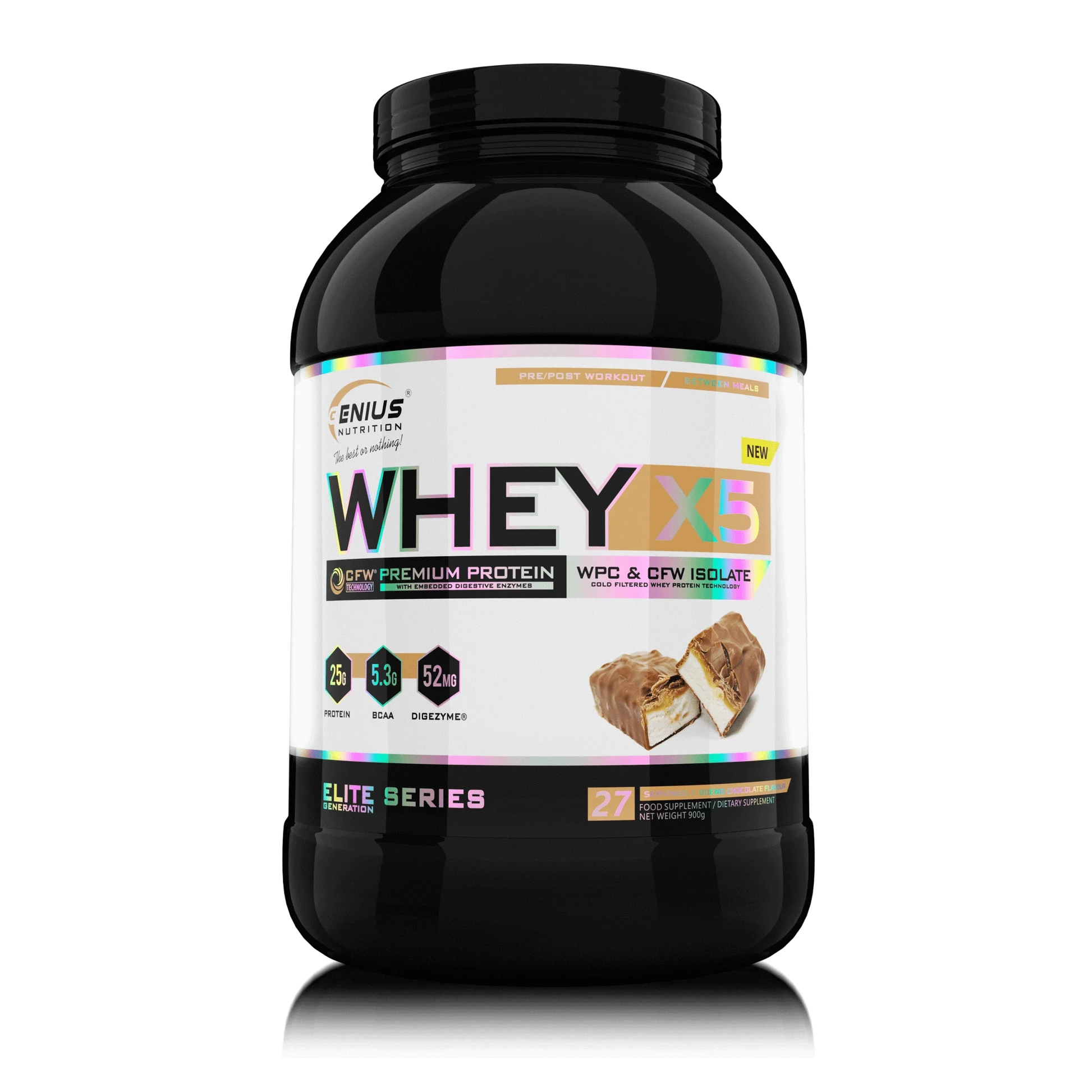 Genius Nutrition WHEY-X5® chocolate protein powder 900g jar with label, on transparent background