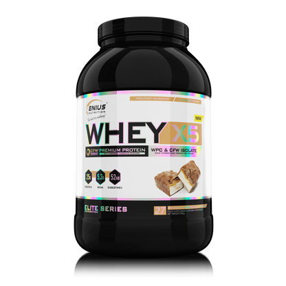 Genius Nutrition WHEY-X5® chocolate protein powder 900g jar with label, on transparent background