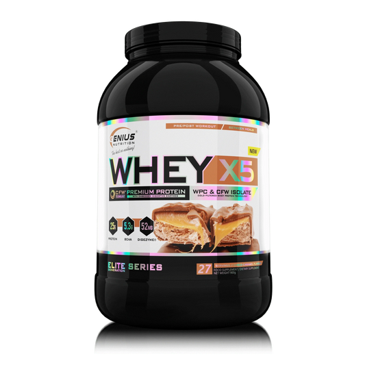 Genius Nutrition WHEY-X5 protein powder in caramel chocolate flavor, 900g jar with scoop on transparent background.