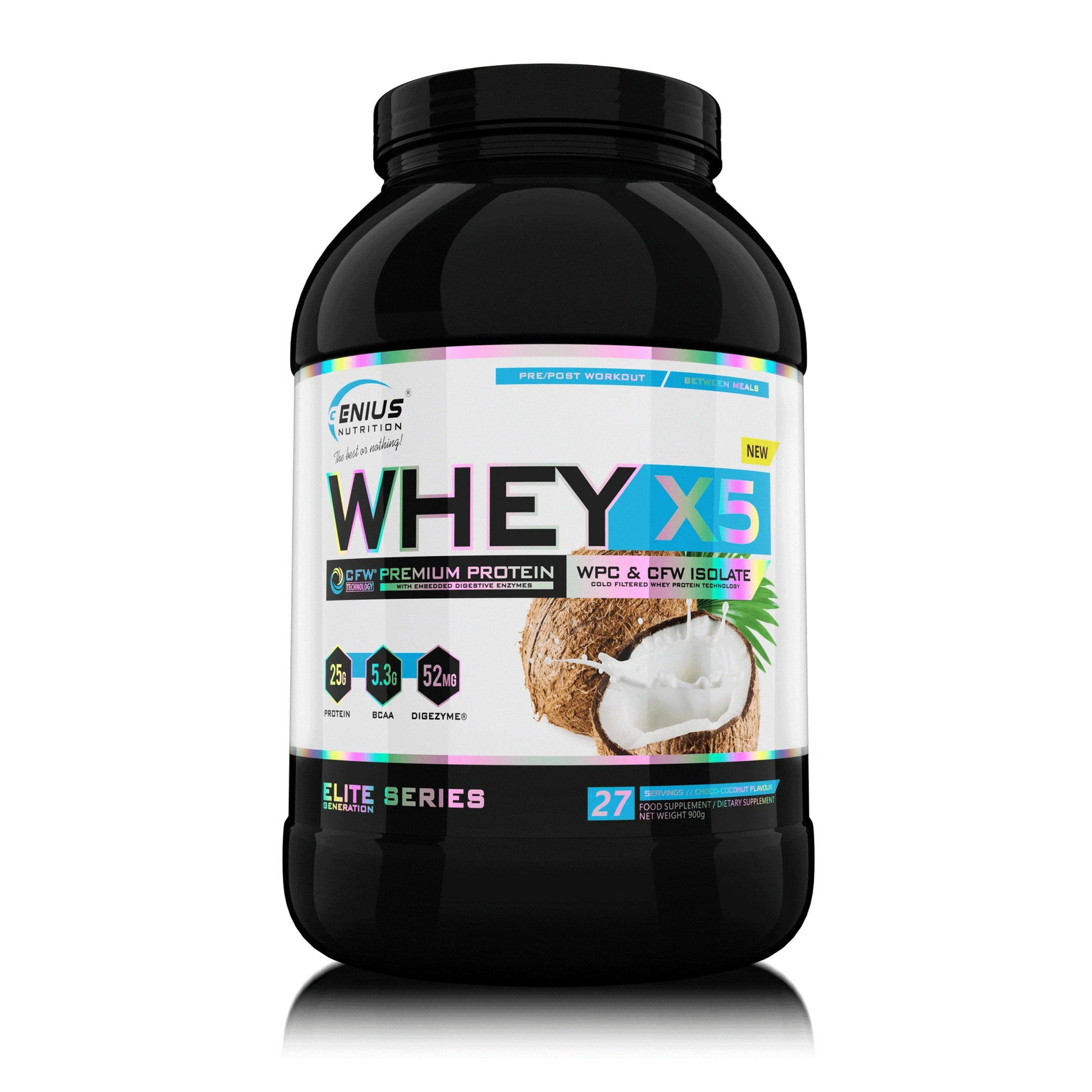 Genius Nutrition WHEY-X5 protein powder in Choco Coconut flavor, 900g container with 27 servings, showing the product packaging.