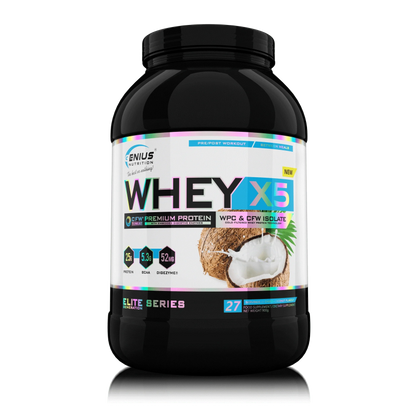 Genius Nutrition WHEY-X5 protein powder in Choco Coconut flavor, 900g container with 27 servings, showing the product packaging.