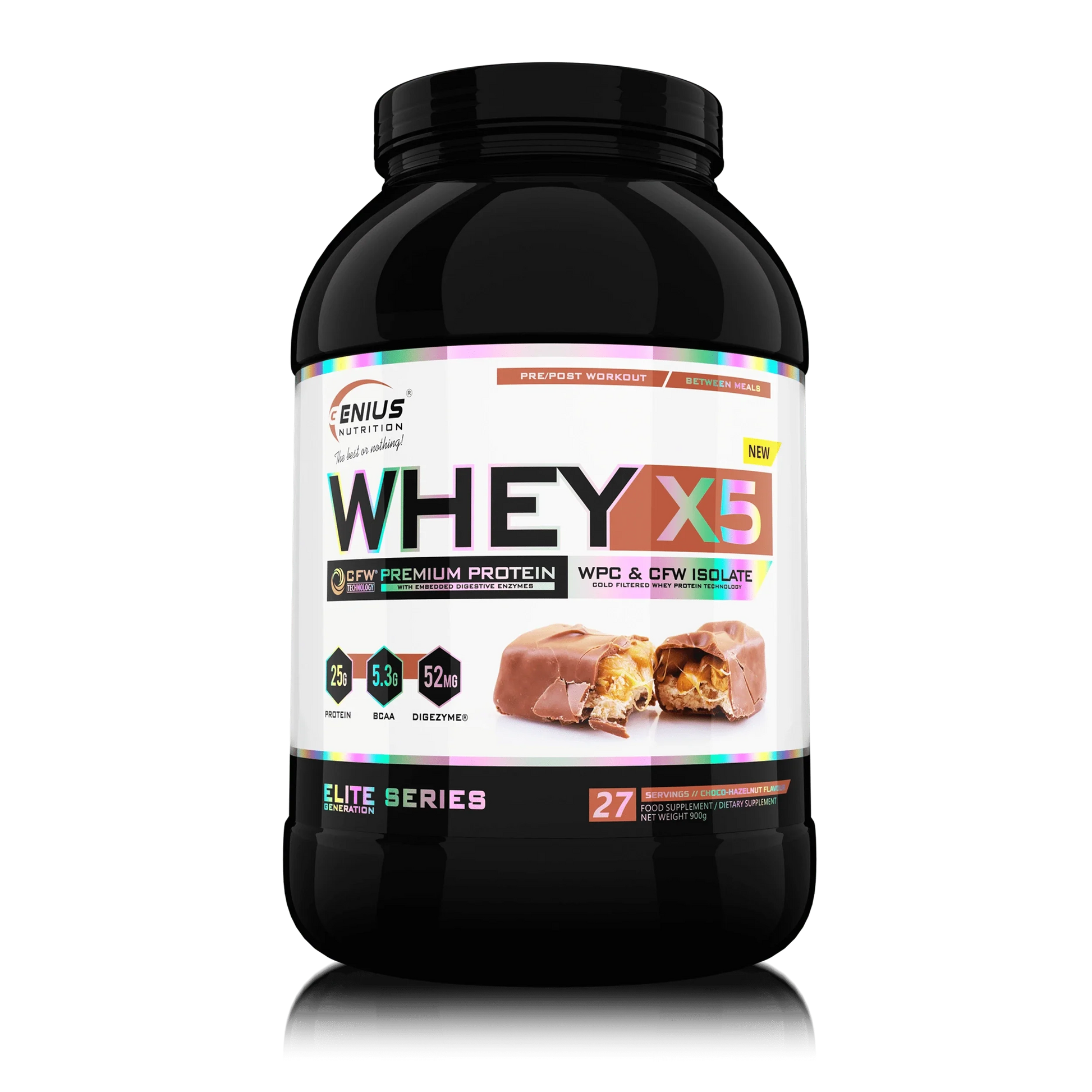 Genius Nutrition WHEY-X5 protein powder in chocolate hazelnut flavor, 900g container with scoop on transparent background.