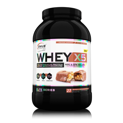 Genius Nutrition WHEY-X5 protein powder in chocolate hazelnut flavor, 900g container with scoop on transparent background.