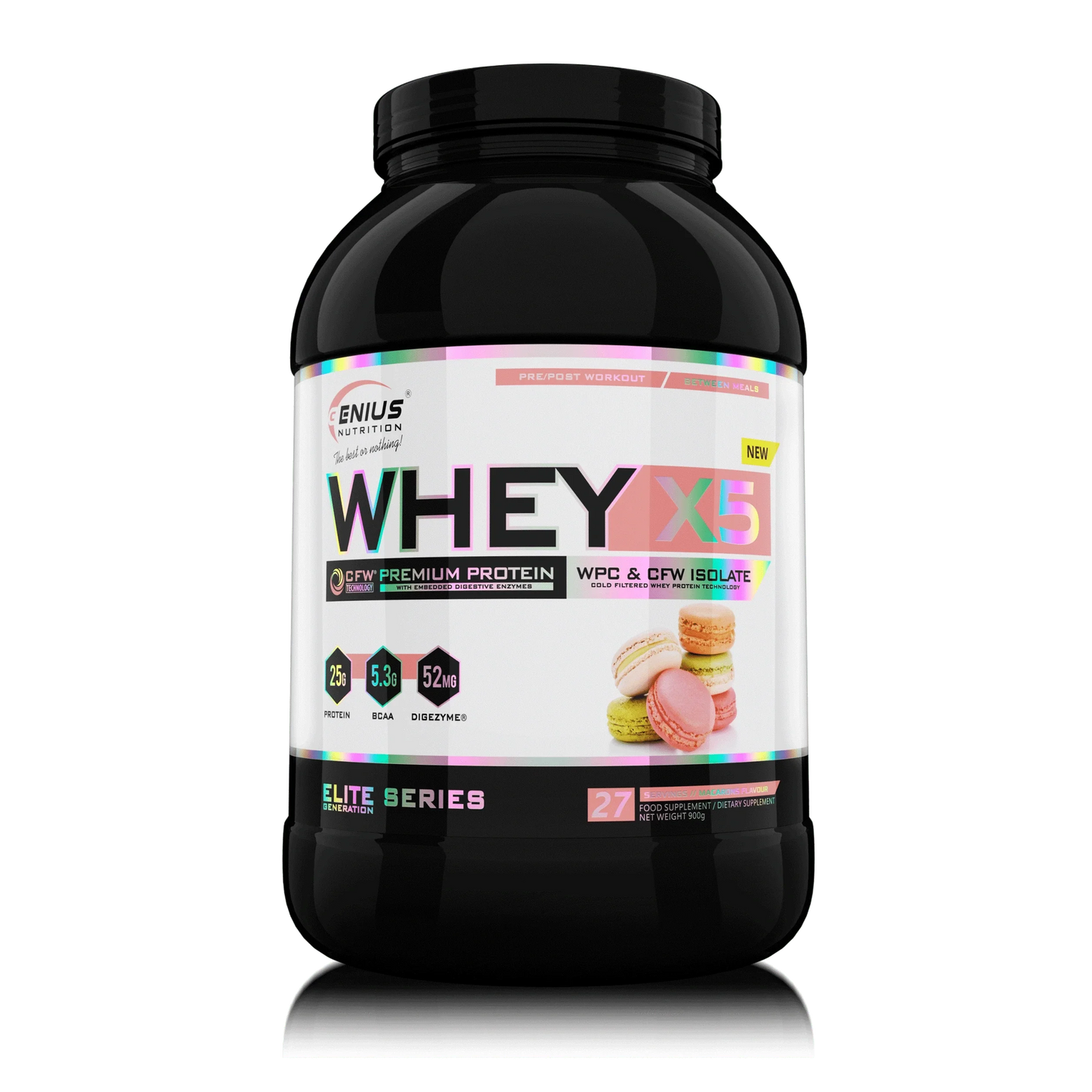 Genius Nutrition WHEY-X5 protein powder in 900g jar with colorful macarons on transparent background, ideal for fitness nutrition.