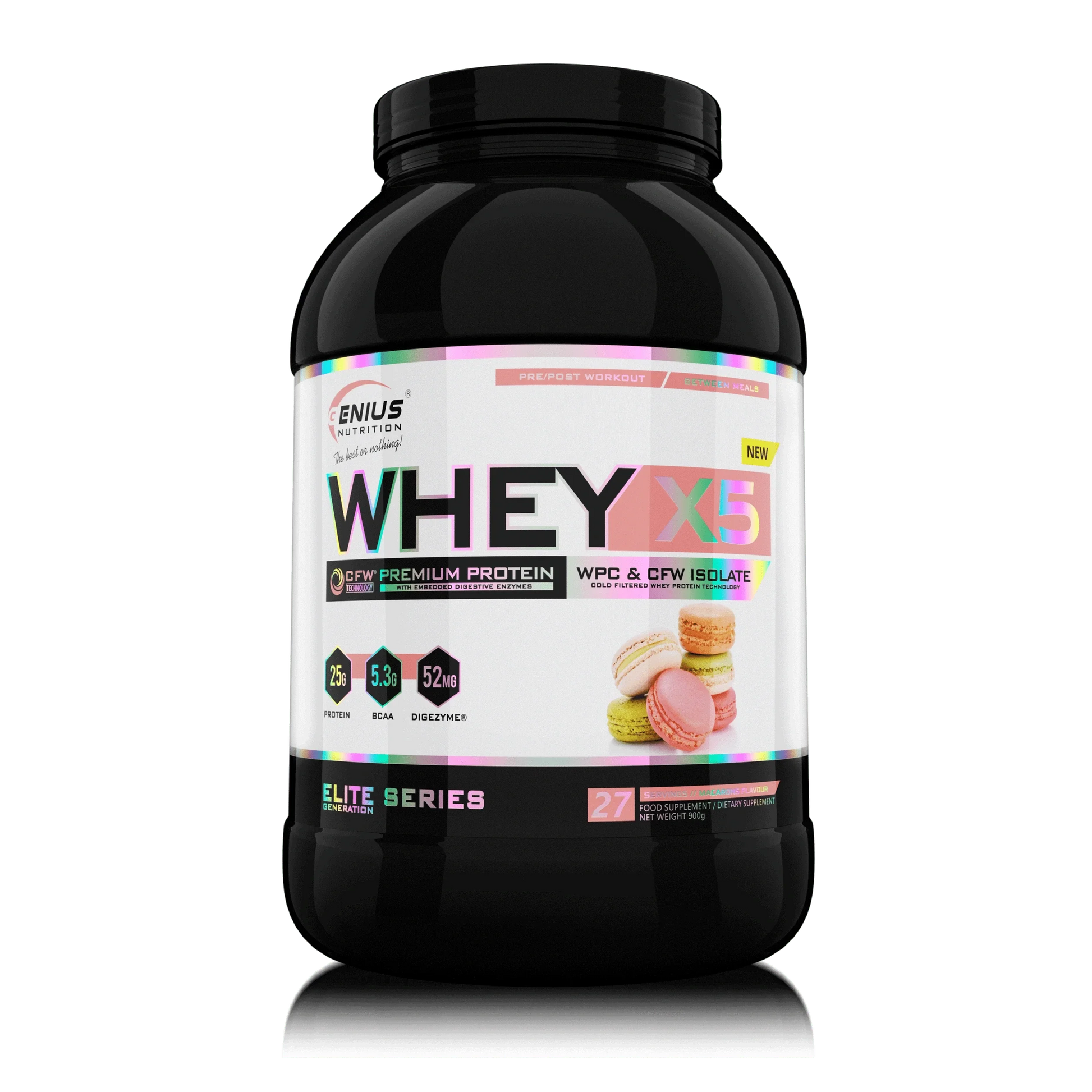 Genius Nutrition WHEY-X5 protein powder in 900g jar with colorful macarons on transparent background, ideal for fitness nutrition.