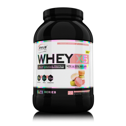 Genius Nutrition WHEY-X5 protein powder in 900g jar with colorful macarons on transparent background, ideal for fitness nutrition.