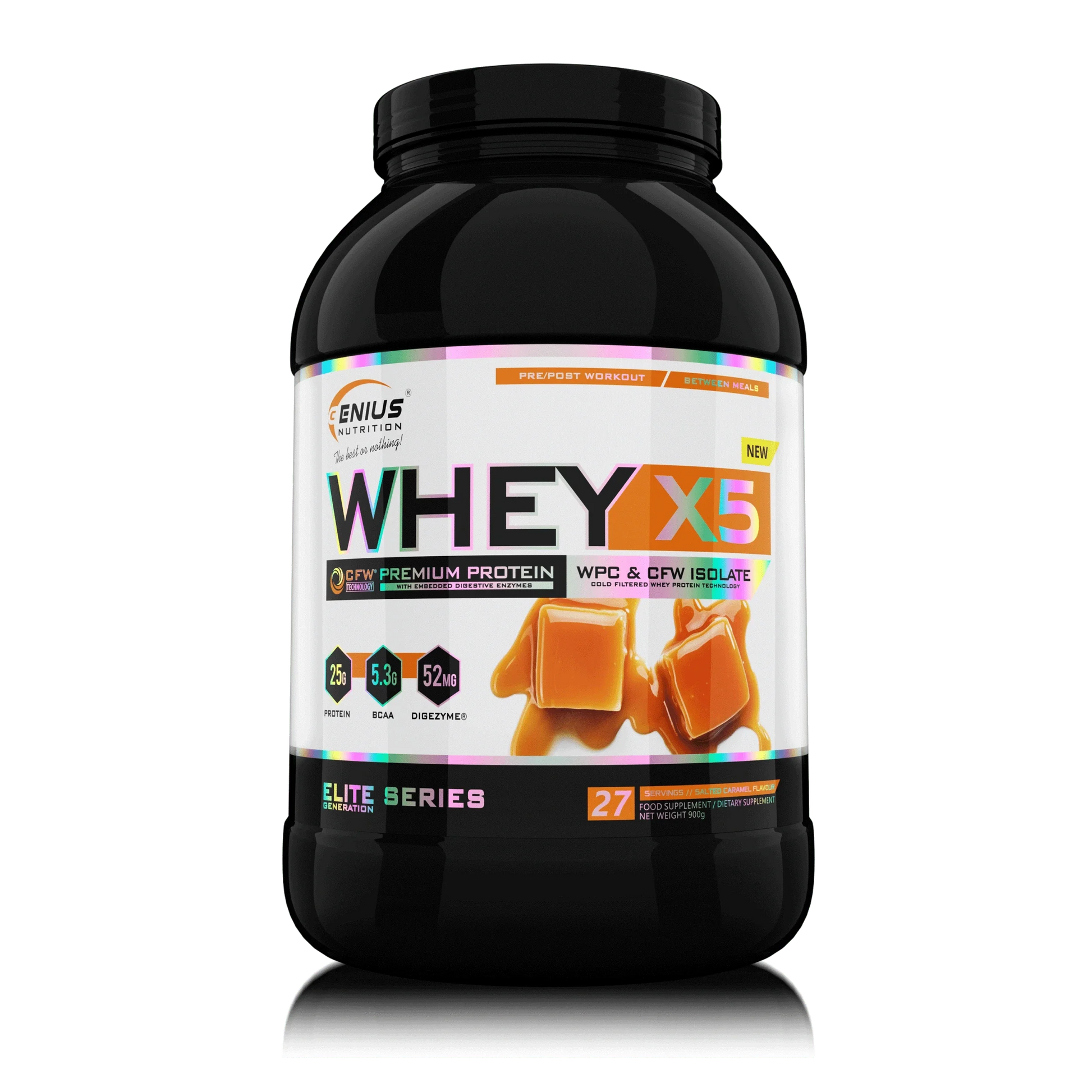Genius Nutrition WHEY-X5 protein powder in salted caramel flavor, 900g jar, with a close-up of the label on a transparent background.
