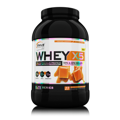 Genius Nutrition WHEY-X5 protein powder in salted caramel flavor, 900g jar, with a close-up of the label on a transparent background.