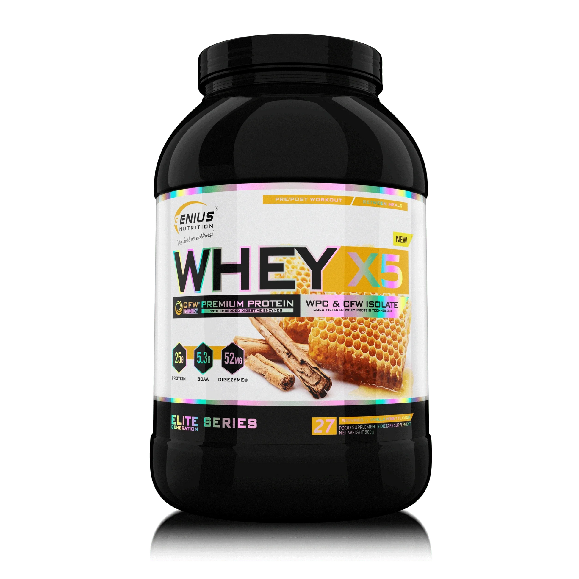 Genius Nutrition WHEY-X5 protein powder in Vanilla Honey flavor, 900g tub with 27 servings, scoop included, on transparent background.