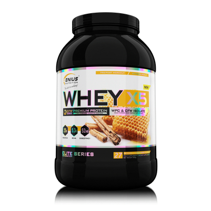 Genius Nutrition WHEY-X5 protein powder in Vanilla Honey flavor, 900g tub with 27 servings, scoop included, on transparent background.