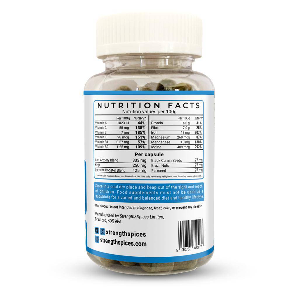 Thyroid support supplement by Strength & Spices in a bottle of 60 capsules, featuring herbal ingredients for thyroid health.