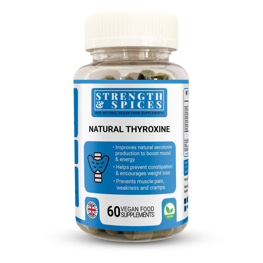 Bottle of STRENGTH & SPICES thyroid support supplement with 60 capsules, featuring natural herbal ingredients and spice extracts.