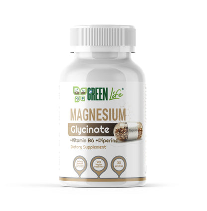 Green Life Magnesium Glycinate Complex vegan capsules with magnesium, vitamin B6, and piperine, shown in a bottle on a white background.