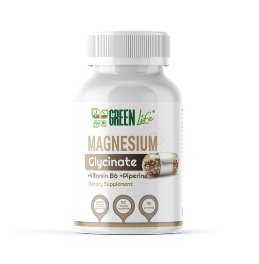 Green Life Magnesium Glycinate Complex vegan capsules with magnesium, vitamin B6, and piperine, shown in a bottle on a white background.