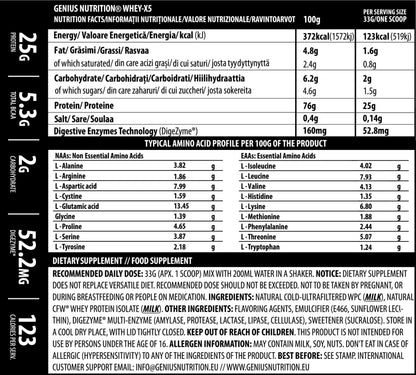 Genius Nutrition WHEY-X5® protein powder in 900g container with scoops and label, ideal for muscle recovery and fitness.