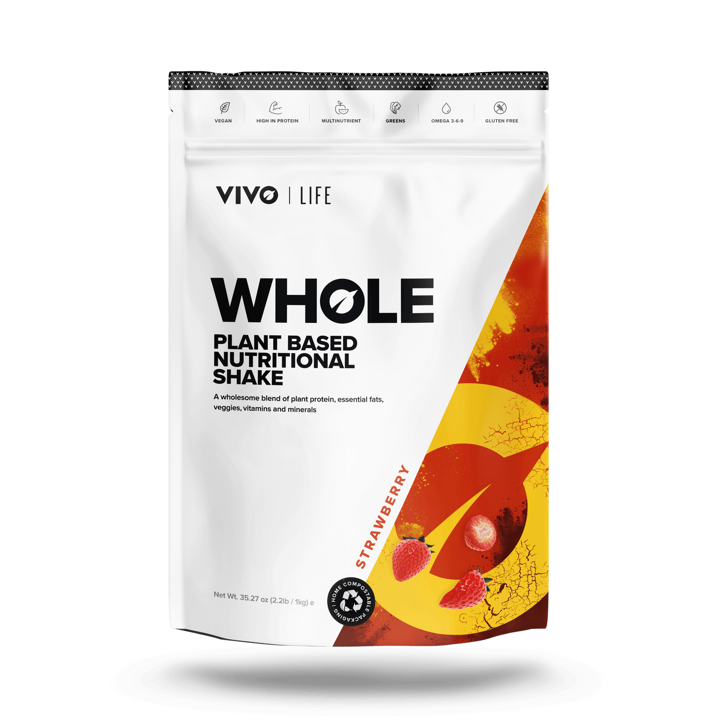 Vivo Life Whole Plant-Based Nutritional Shake in strawberry flavor, shown in a standing pouch with fresh strawberries and leafy greens.
