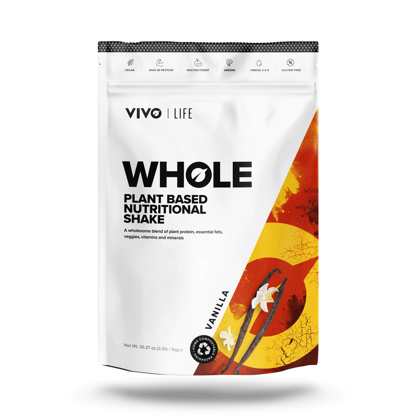 Vivo Life Whole Plant-Based Nutritional Shake supplement pouch with vanilla flavor, showing the front label and product packaging.