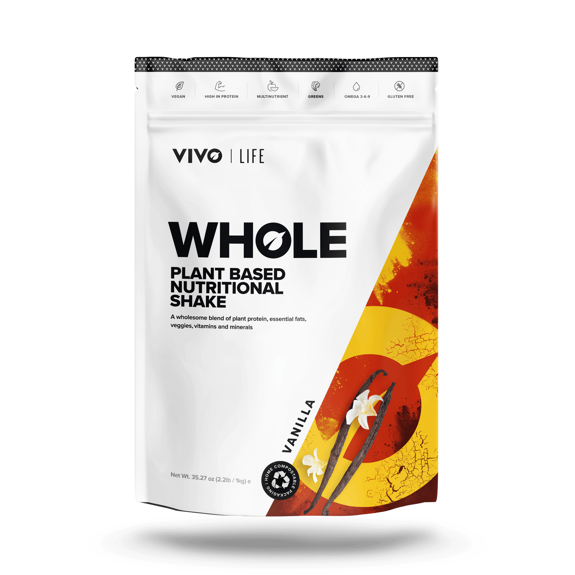 Vivo Life Whole Plant-Based Nutritional Shake supplement pouch with vanilla flavor, showing the front label and product packaging.