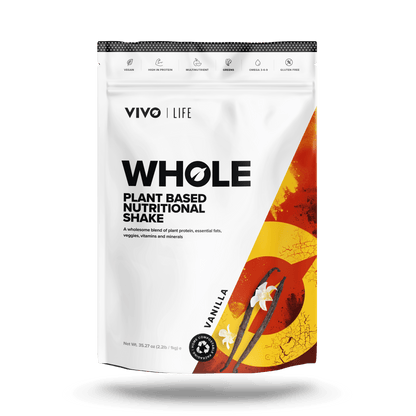 Vivo Life Whole Plant-Based Nutritional Shake supplement pouch with vanilla flavor, showing the front label and product packaging.