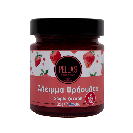 Pella's Delicacies strawberry spread jar with a label, showcasing a 225g Pellas brand fruit spread.