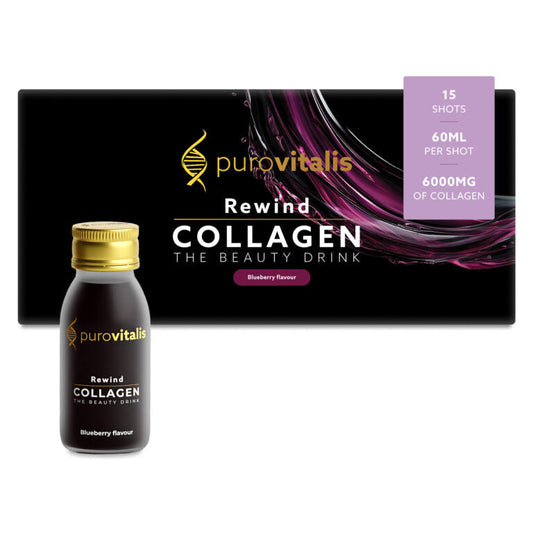 Herbalistas Purovitalis REWIND Liquid Collagen supplement bottle, 60ml, 15-pack, for skin and joint support.