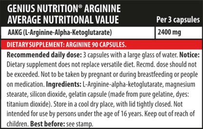 Genius Nutrition Arginine AKG supplement capsules in a clear bottle, showcasing 90 capsules for muscle support.