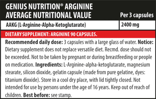 Genius Nutrition Arginine AKG supplement capsules in a clear bottle, showcasing 90 capsules for muscle support.