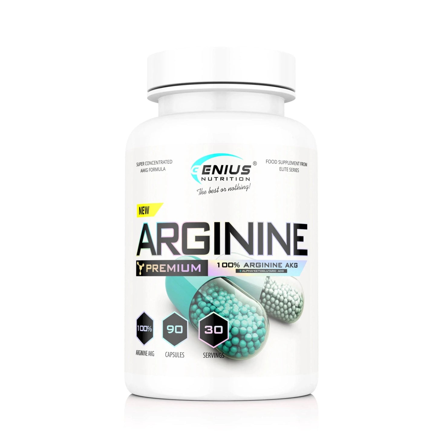 Genius Nutrition Arginine AKG supplement capsules in a bottle, showcasing the product's label and packaging design.