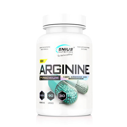 Genius Nutrition Arginine AKG supplement capsules in a bottle, showcasing the product's label and packaging design.