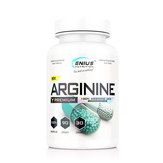 Genius Nutrition Arginine AKG supplement capsules in a bottle, showcasing the product's label and packaging design.