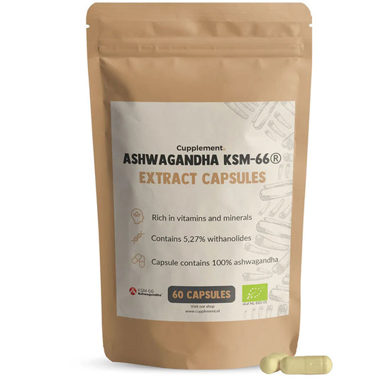 Herbalistas BIO Ashwagandha KSM-66 supplement with 60 organic capsules, displayed in a clear front view of the product packaging.